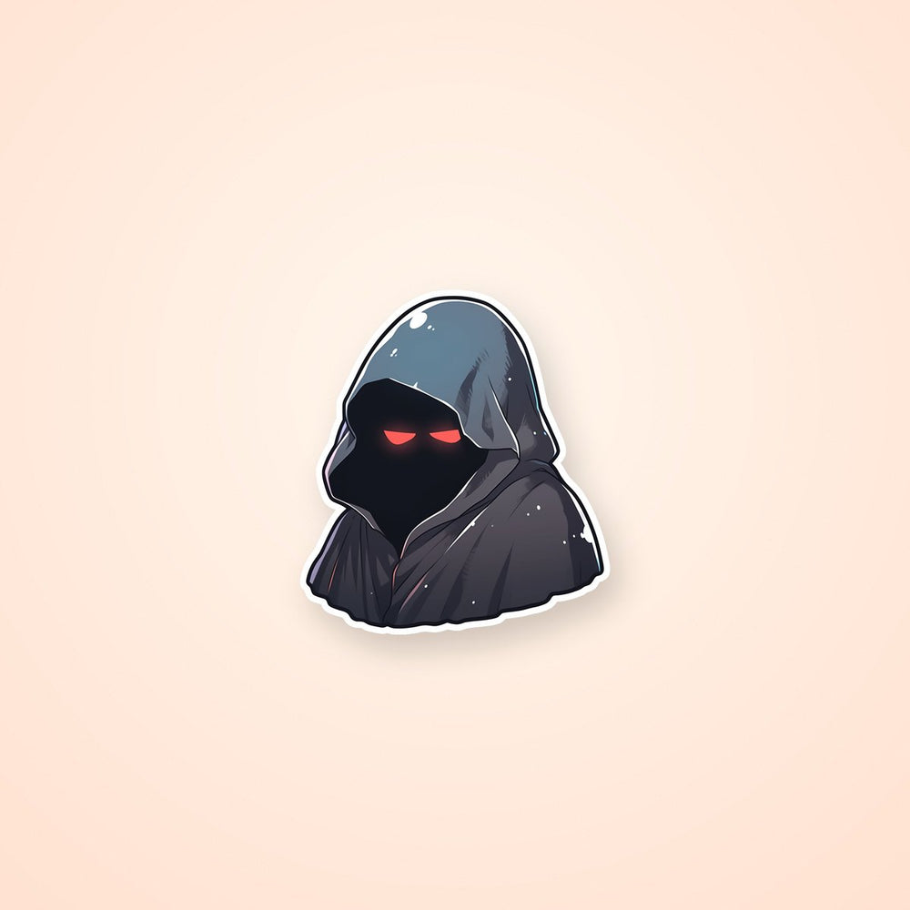 Mysterious Figure with Glowing Red Eyes Under Hooded Cloak Sticker