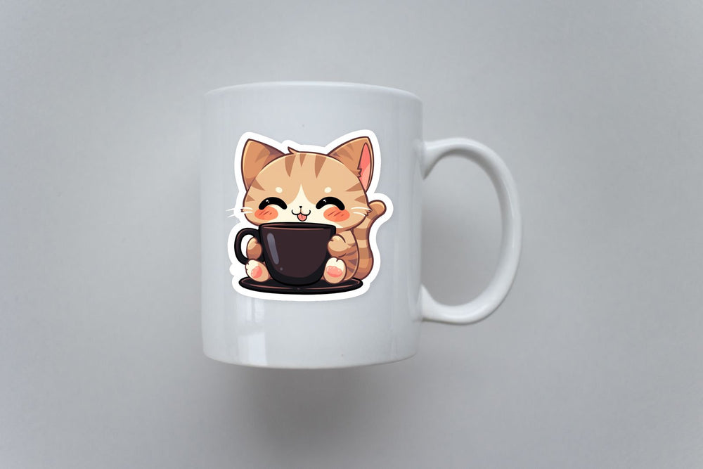 Cute Beige Cat with Coffee Cup Sticker