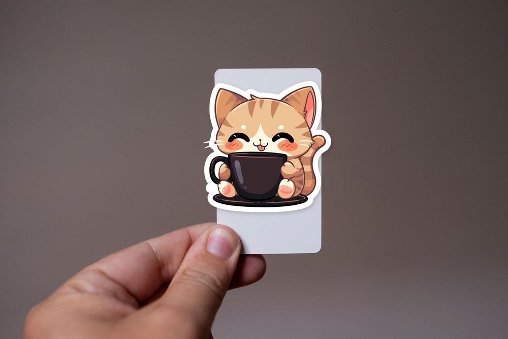 Cute Beige Cat with Coffee Cup Sticker