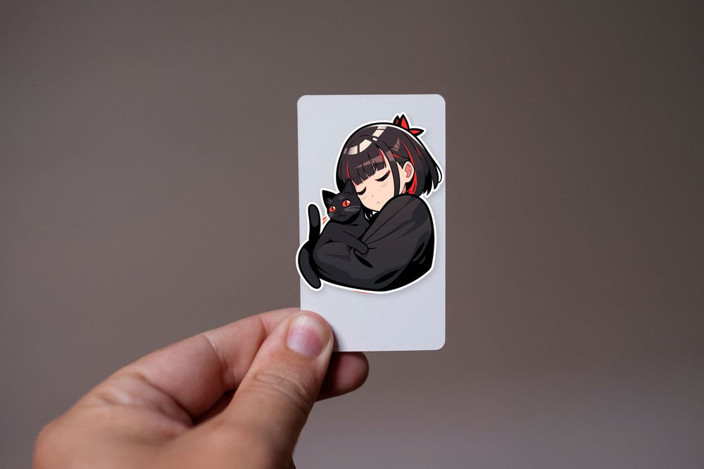 Cute Anime Girl with Black Cat Sticker