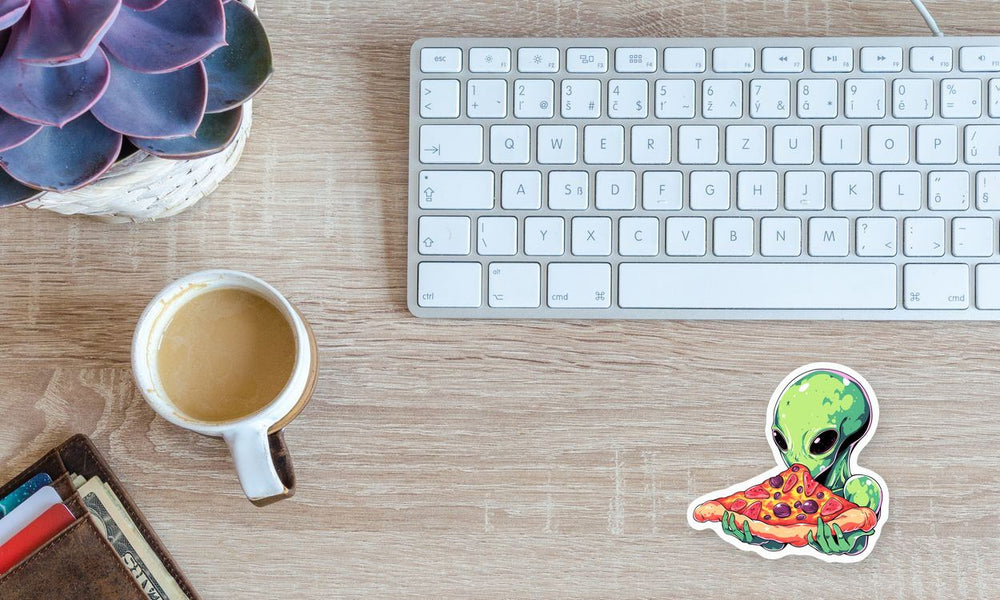 Green Alien Eating Pizza Sticker