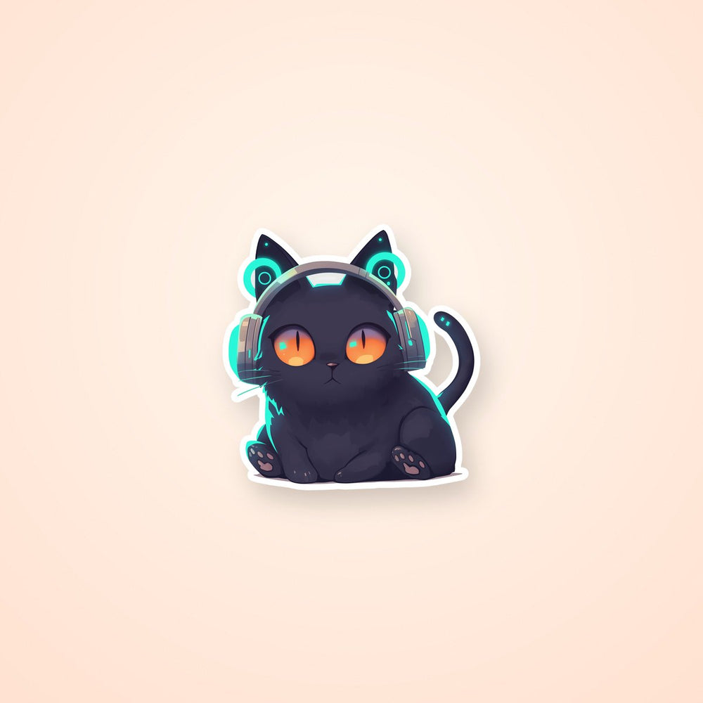 Cyberpunk Black Cat Headphones Sticker