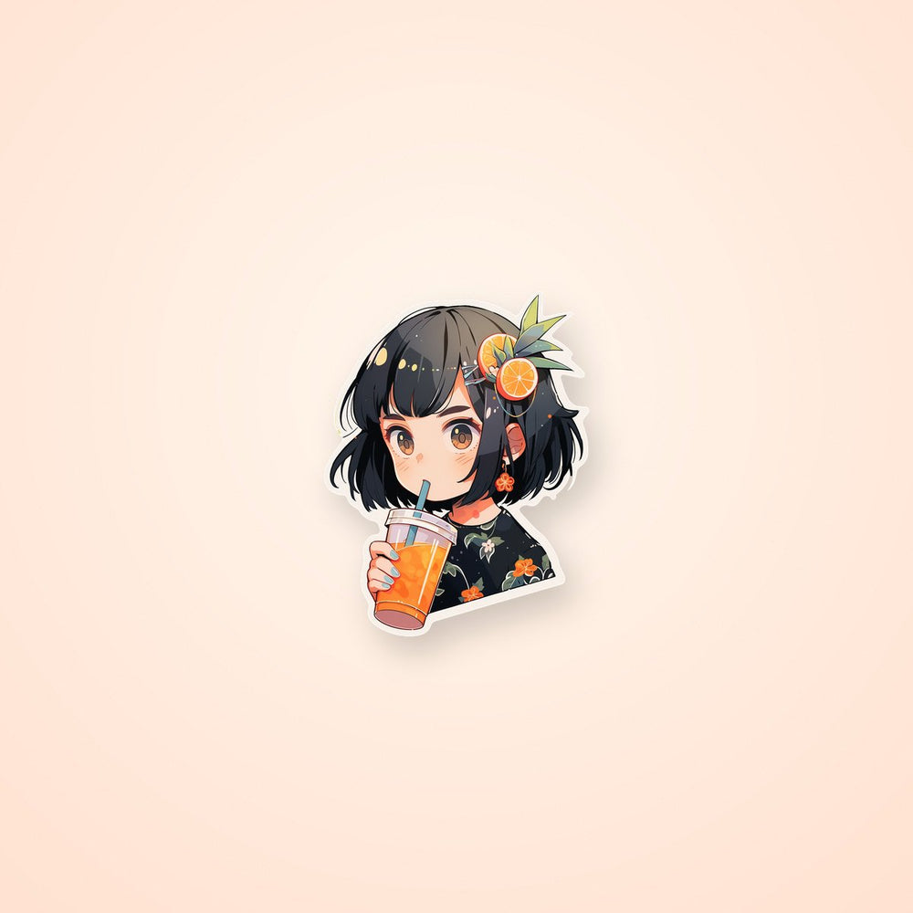 Anime Girl Drinking Orange Juice Sticker