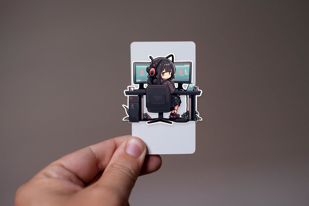 Cute Anime Girl Sitting at Computer Desk Sticker