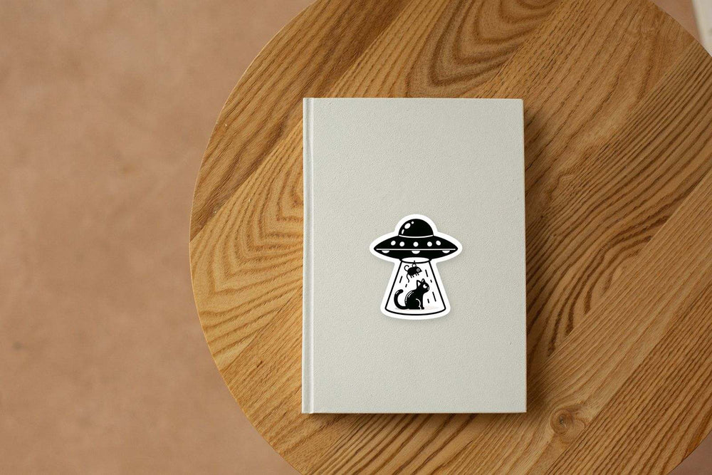 UFO Abducting Cat Mouse Blackwhite Sticker