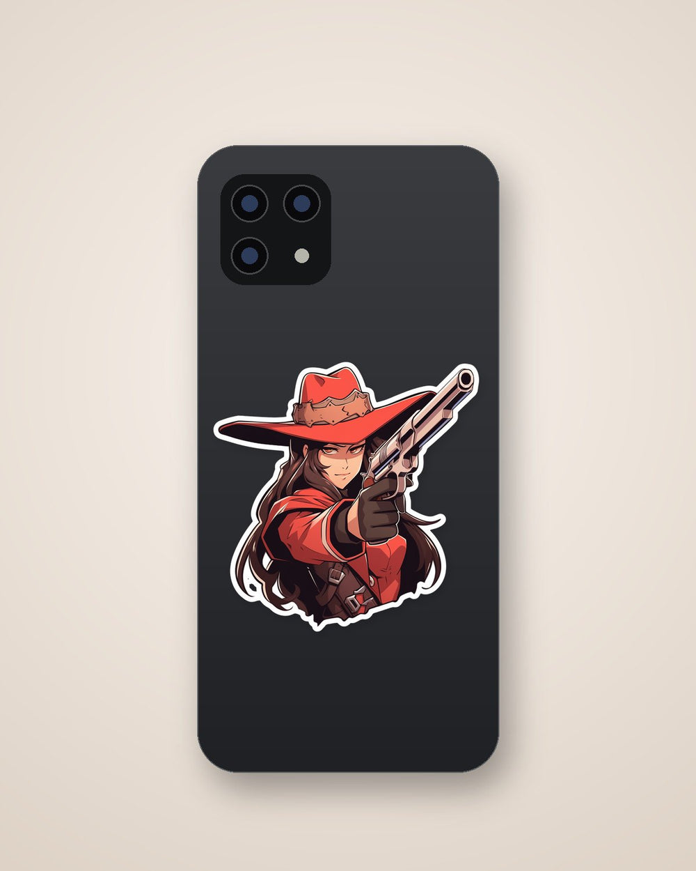 Western Girl in Red with Gun Sticker