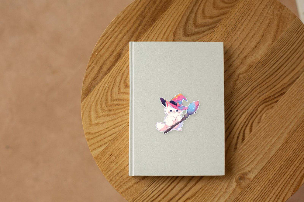 White Witch Cat with Broom Sticker