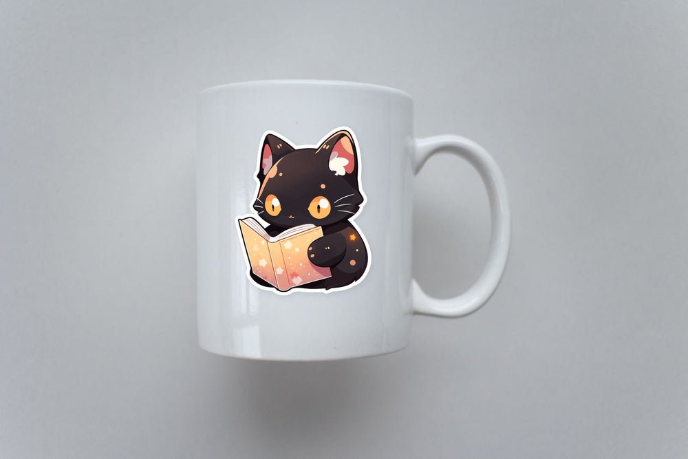 Cute Black Cat Reading Book Sticker