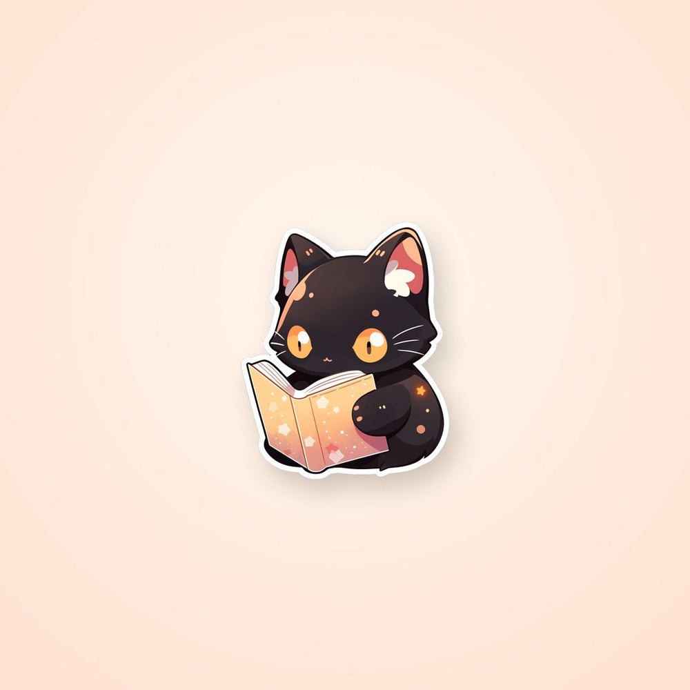 Cute Black Cat Reading Book Sticker