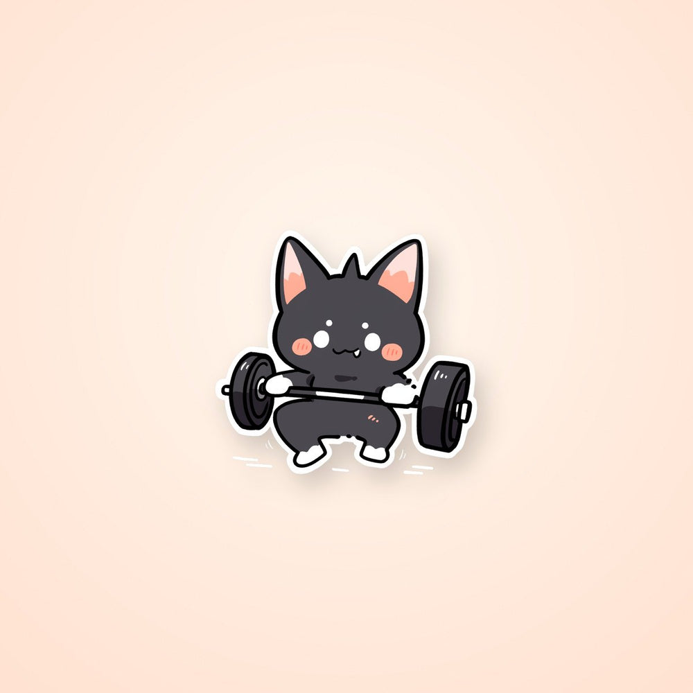 Cute Drawn Black Kitty with Barbell Sticker