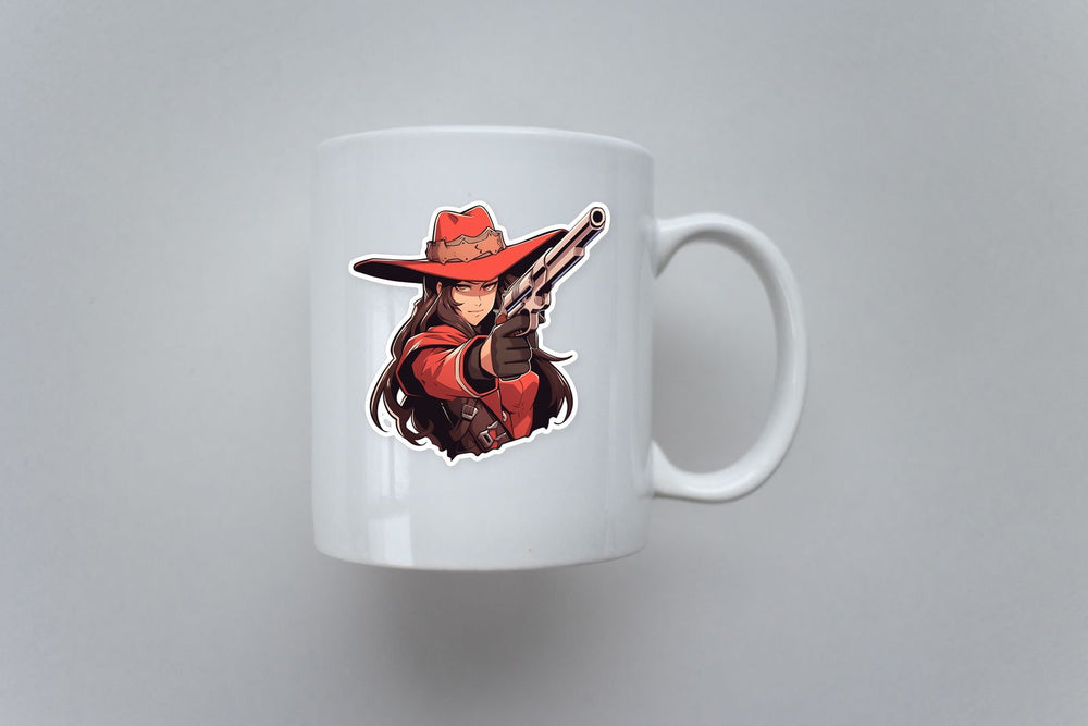 Western Girl in Red with Gun Sticker