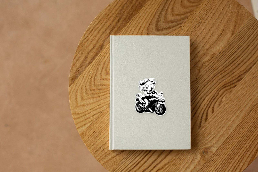 Anime Girl on a Sport Bike B&W Sticker