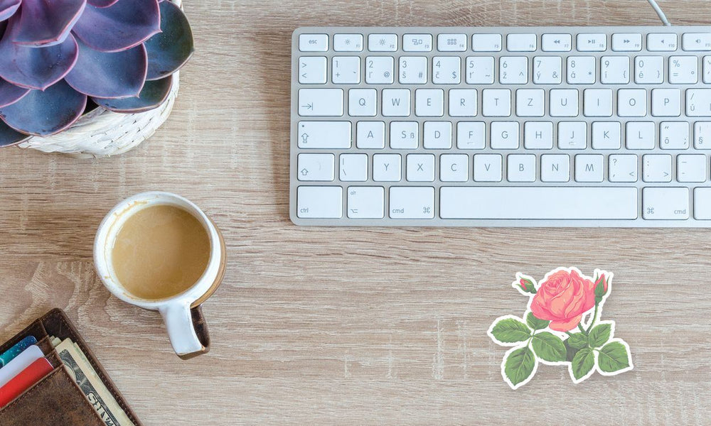 Blooming Pink Rose Vintage Floral Art Sticker