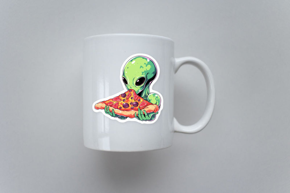 Green Alien Eating Pizza Sticker