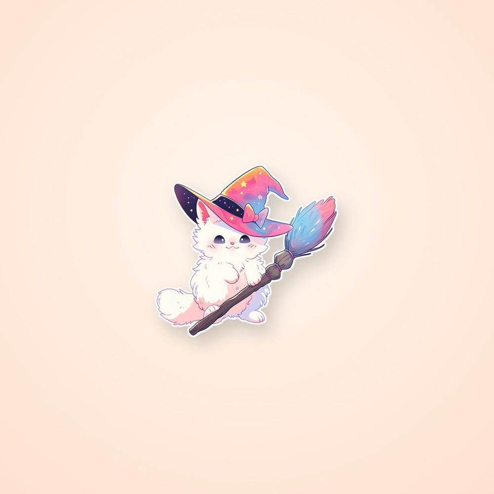 White Witch Cat with Broom Sticker