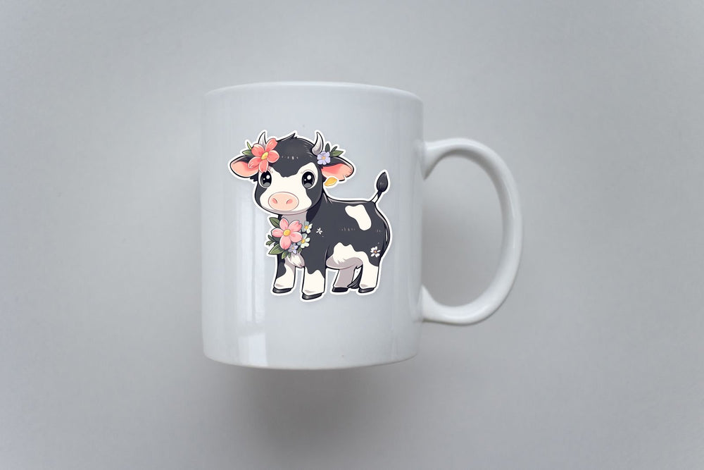 Cute Black & White Cow with Flowers Sticker