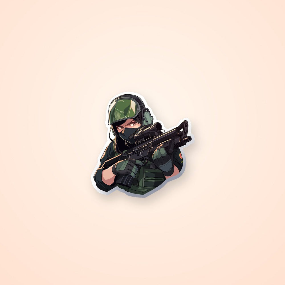Girl in Combat Readiness with Weapon Sticker