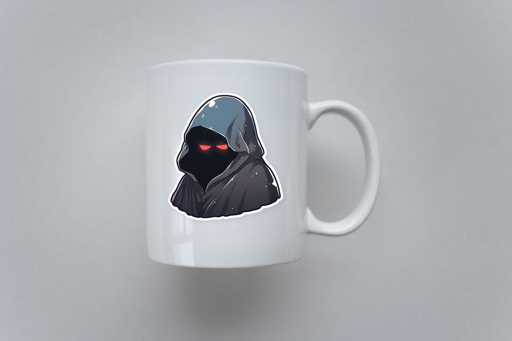 Mysterious Figure with Glowing Red Eyes Under Hooded Cloak Sticker