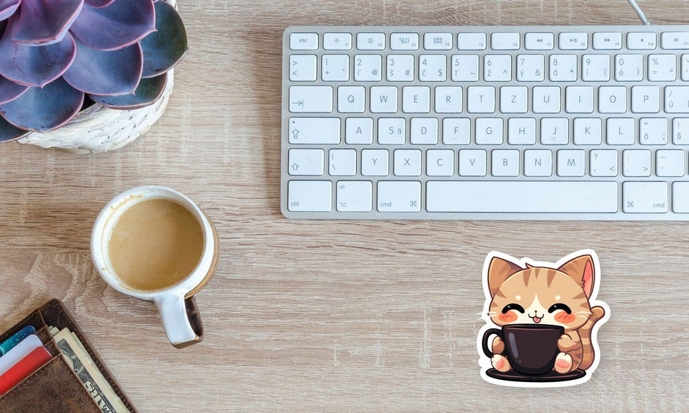 Cute Beige Cat with Coffee Cup Sticker