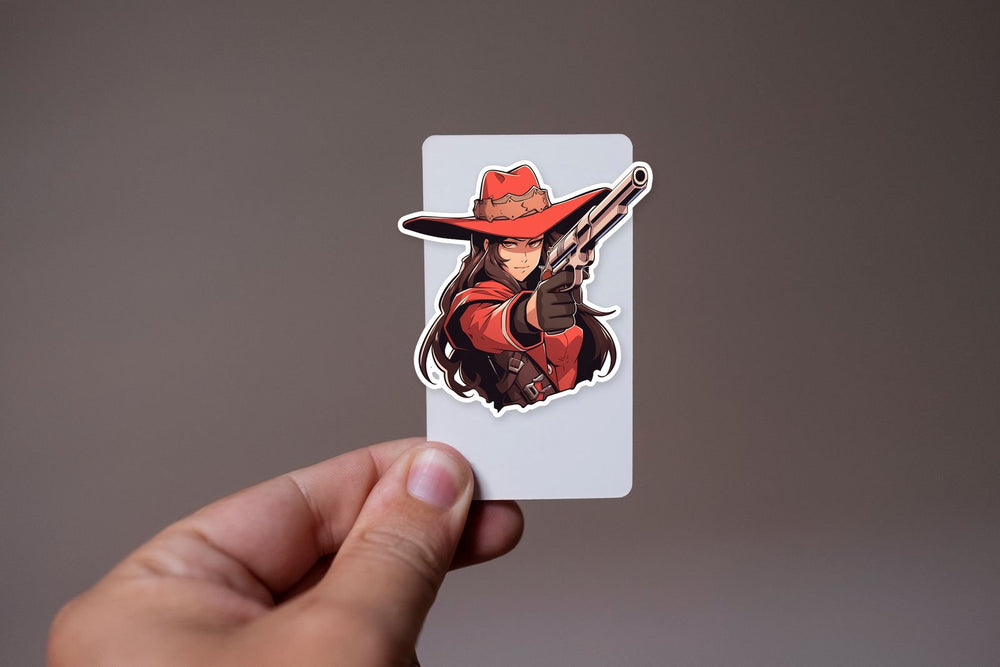 Western Girl in Red with Gun Sticker