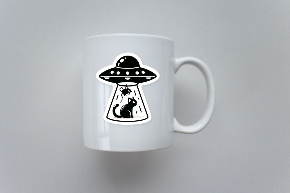 UFO Abducting Cat Mouse Blackwhite Sticker