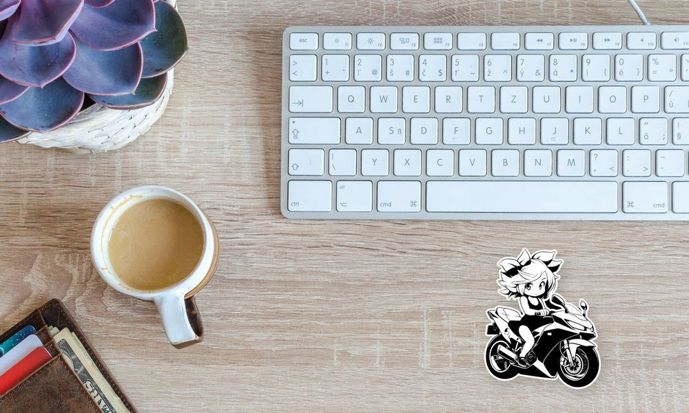 Anime Girl on a Sport Bike B&W Sticker