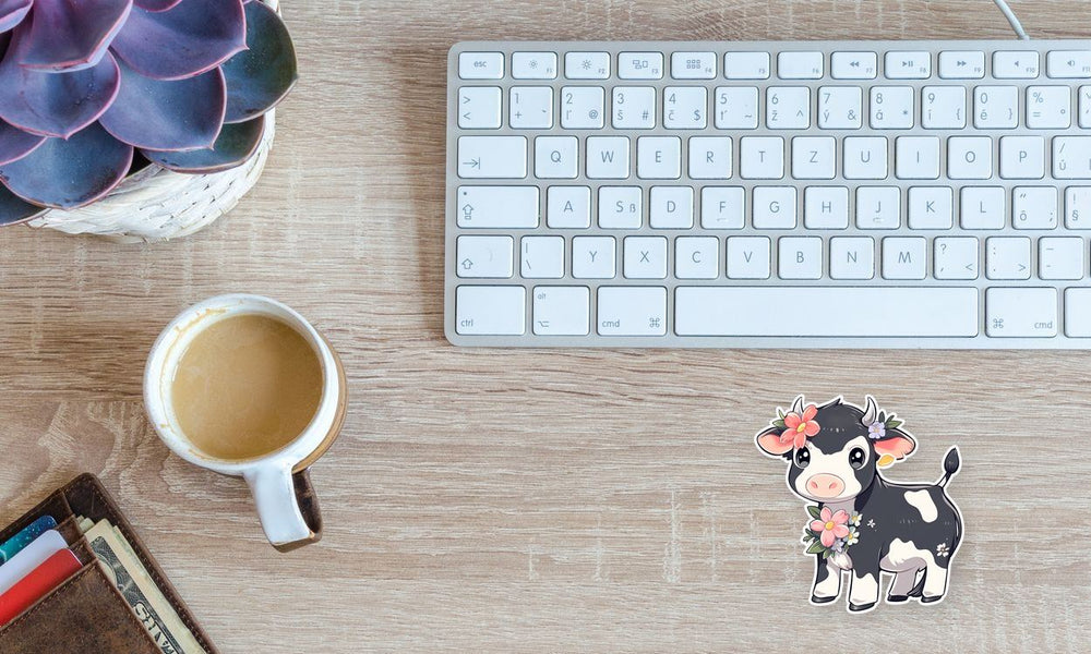 Cute Black & White Cow with Flowers Sticker