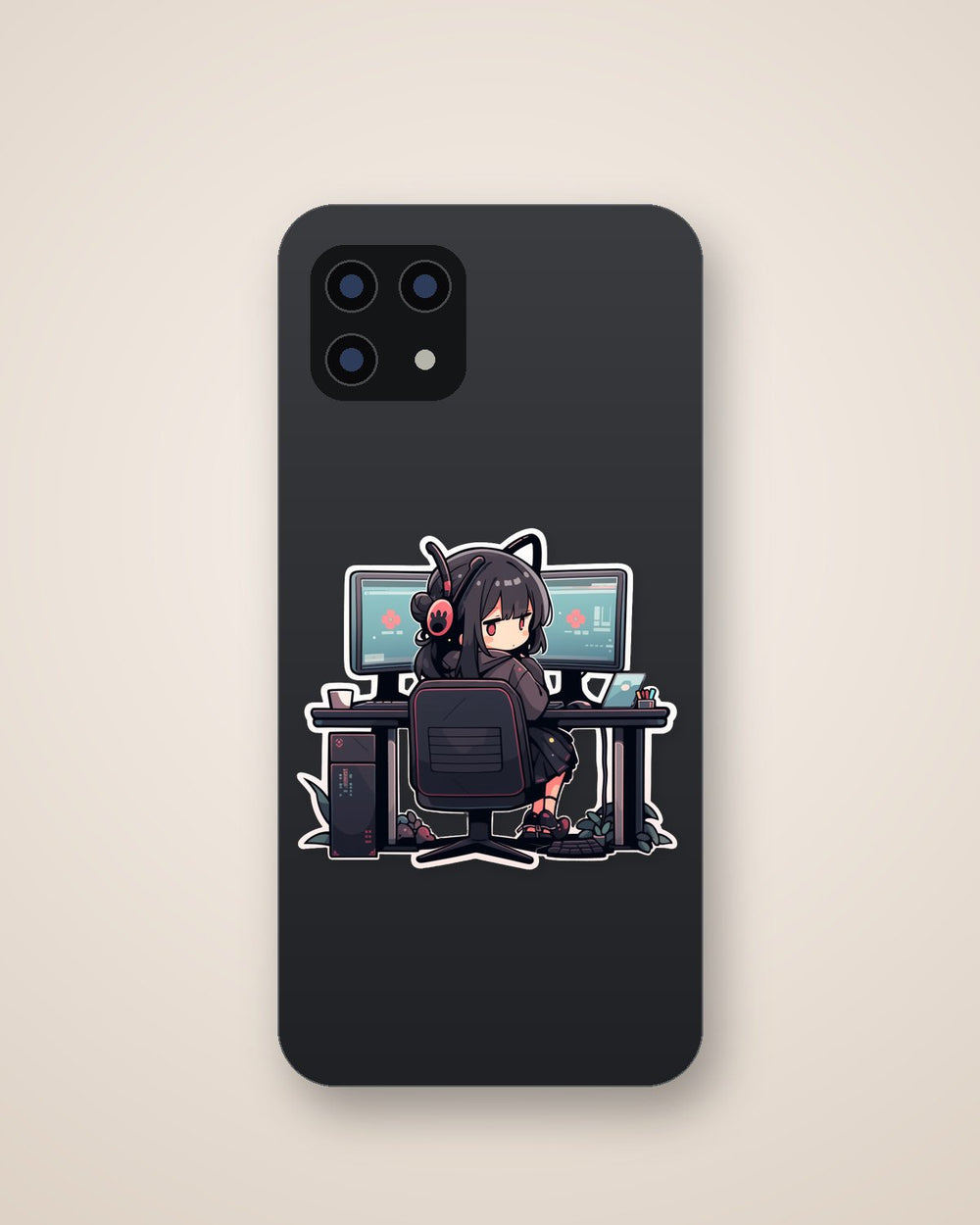 Cute Anime Girl Sitting at Computer Desk Sticker