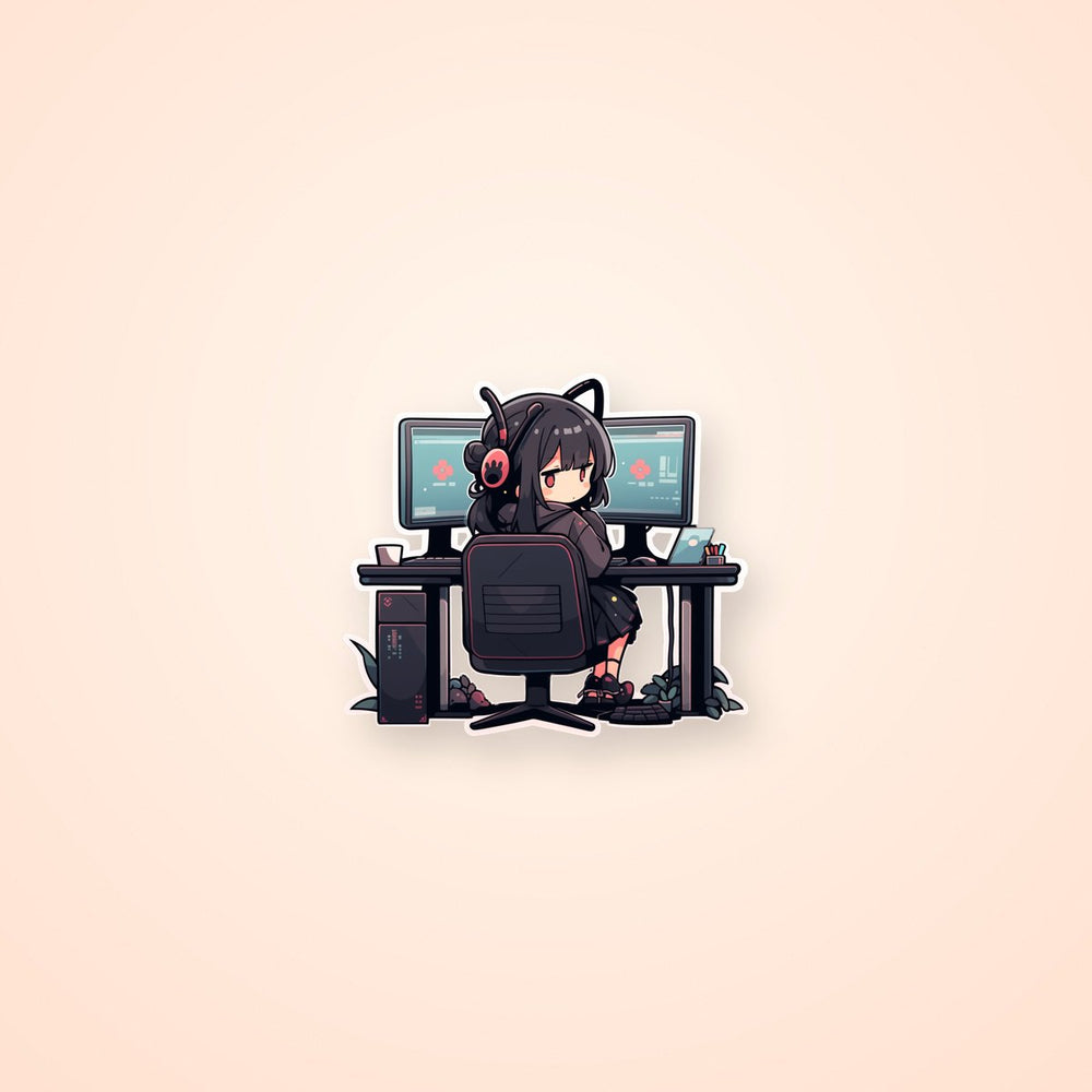 Cute Anime Girl Sitting at Computer Desk Sticker