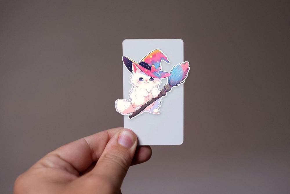 White Witch Cat with Broom Sticker