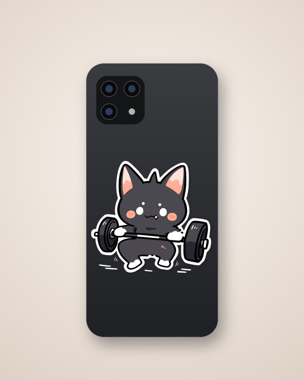 Cute Drawn Black Kitty with Barbell Sticker