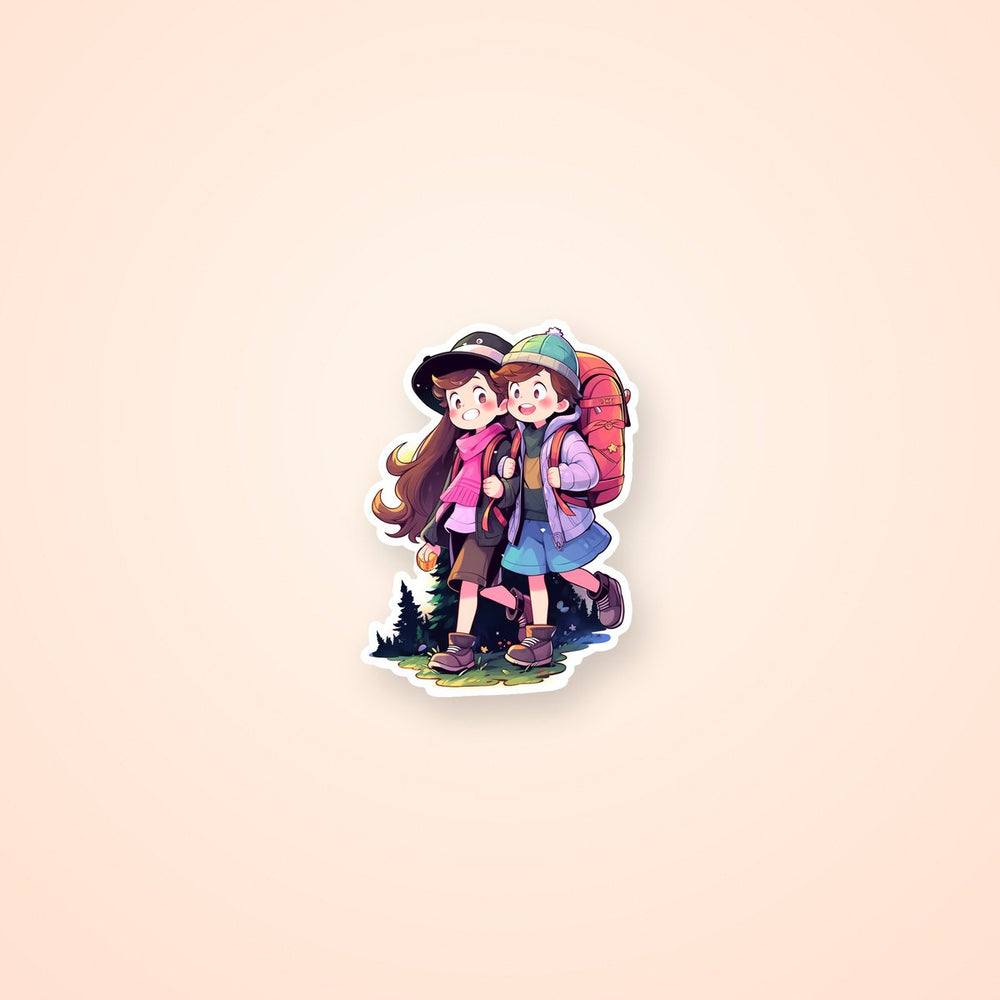 Girl and Boy on a Journey Cartoon Sticker