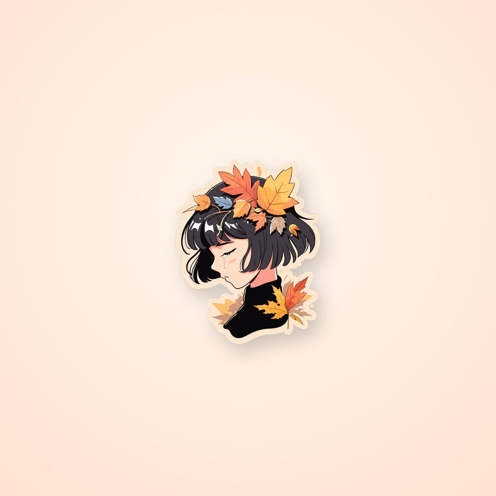 Crying Girl in Autumn Leaves Sticker