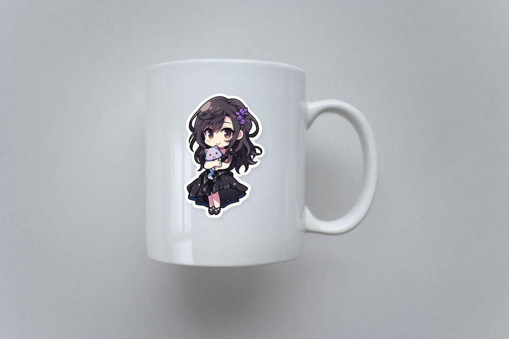 Chibi Anime Girl with Toy Cat Sticker