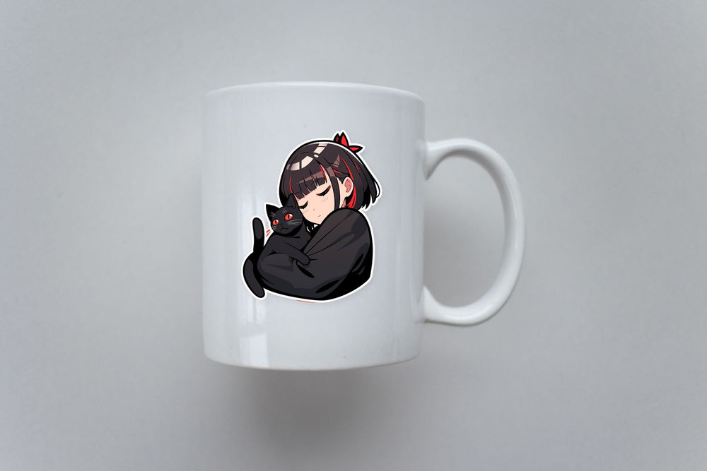 Cute Anime Girl with Black Cat Sticker