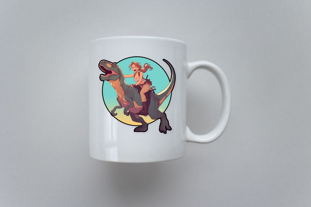 Lara Croft Riding Dinosaur Cartoon Sticker