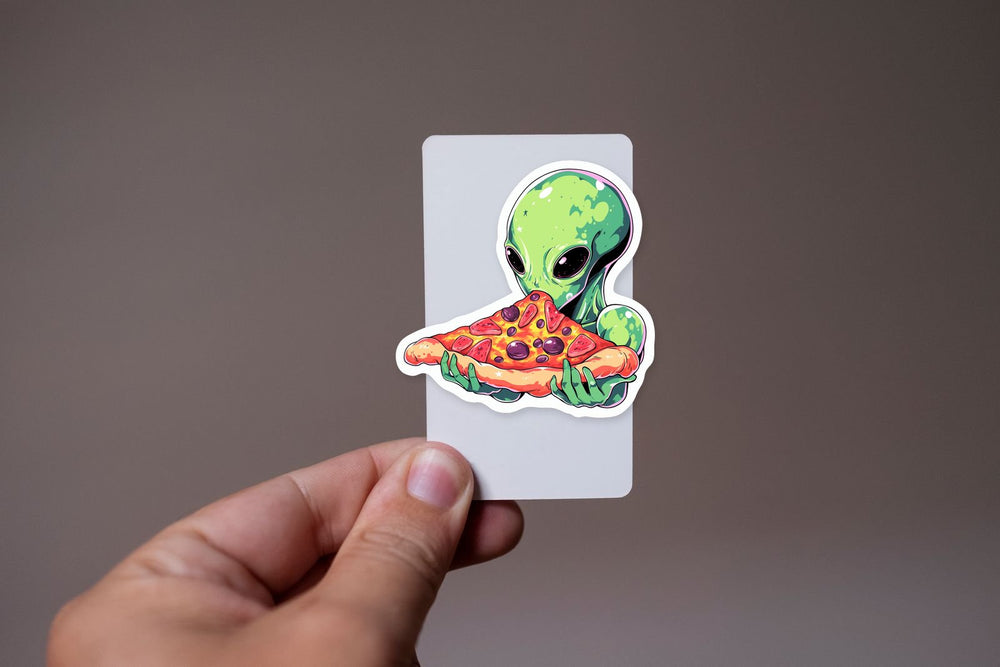 Green Alien Eating Pizza Sticker