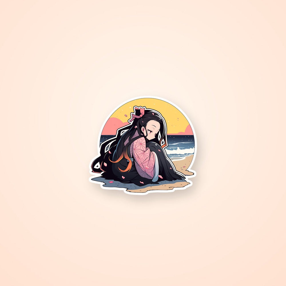 Kimetsu No Yaiba Sad Nezuko on Sandy Beach Sticker