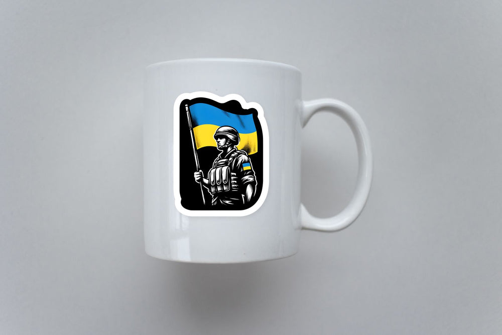 Ukrainian Soldier with a Flag Sticker