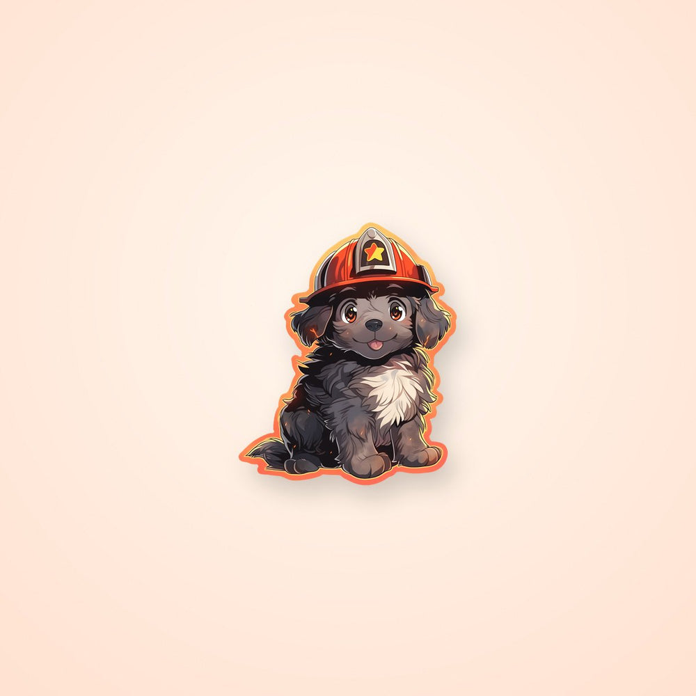 Fluffy Dog in a Fire Helmet Sticker