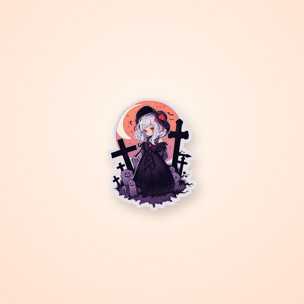 Halloween Anime Girl in Spooky Cemetery Sticker