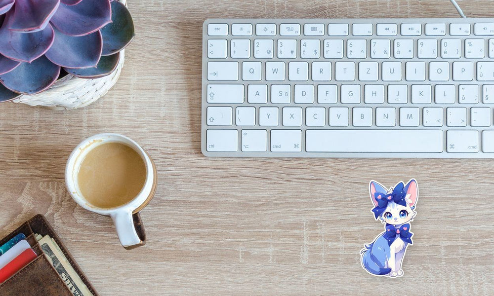 Cute Blue Anime Cat with Bow Sticker