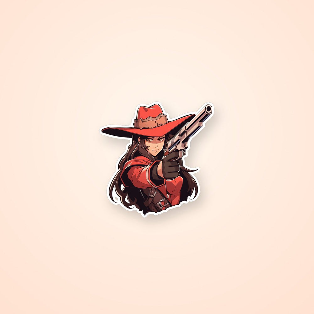 Western Girl in Red with Gun Sticker