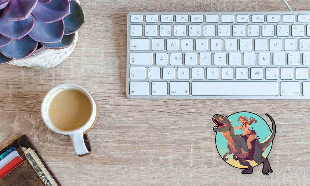 Lara Croft Riding Dinosaur Cartoon Sticker