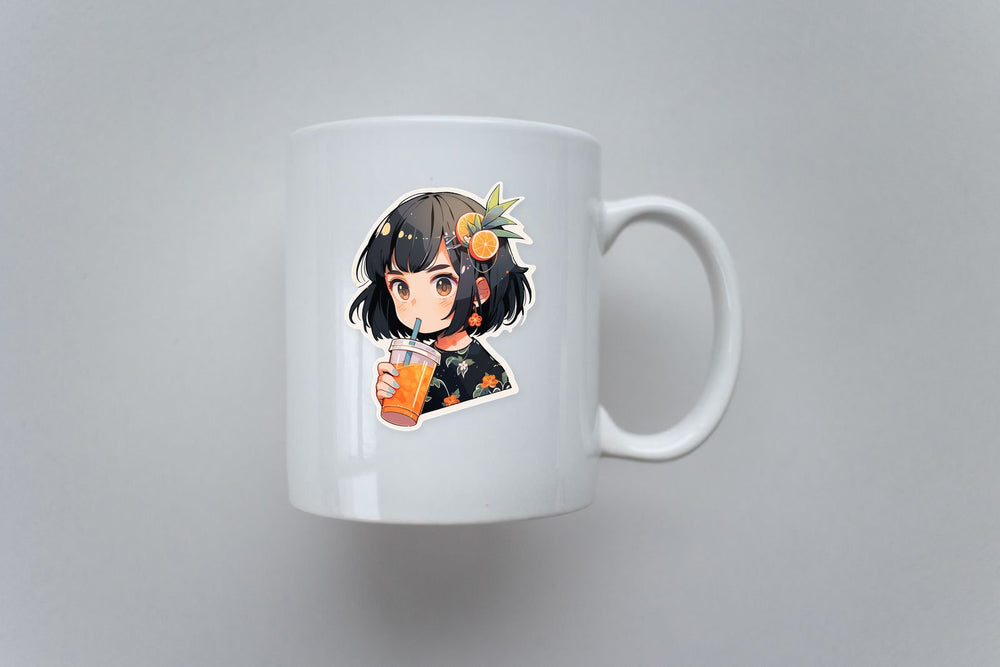 Anime Girl Drinking Orange Juice Sticker