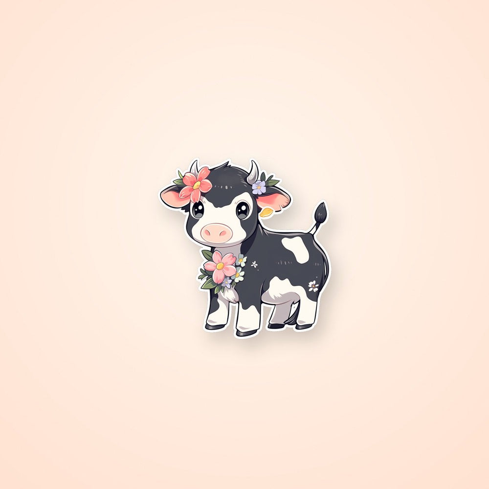 Cute Black & White Cow with Flowers Sticker