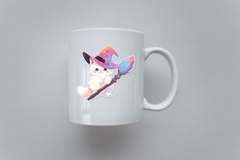White Witch Cat with Broom Sticker