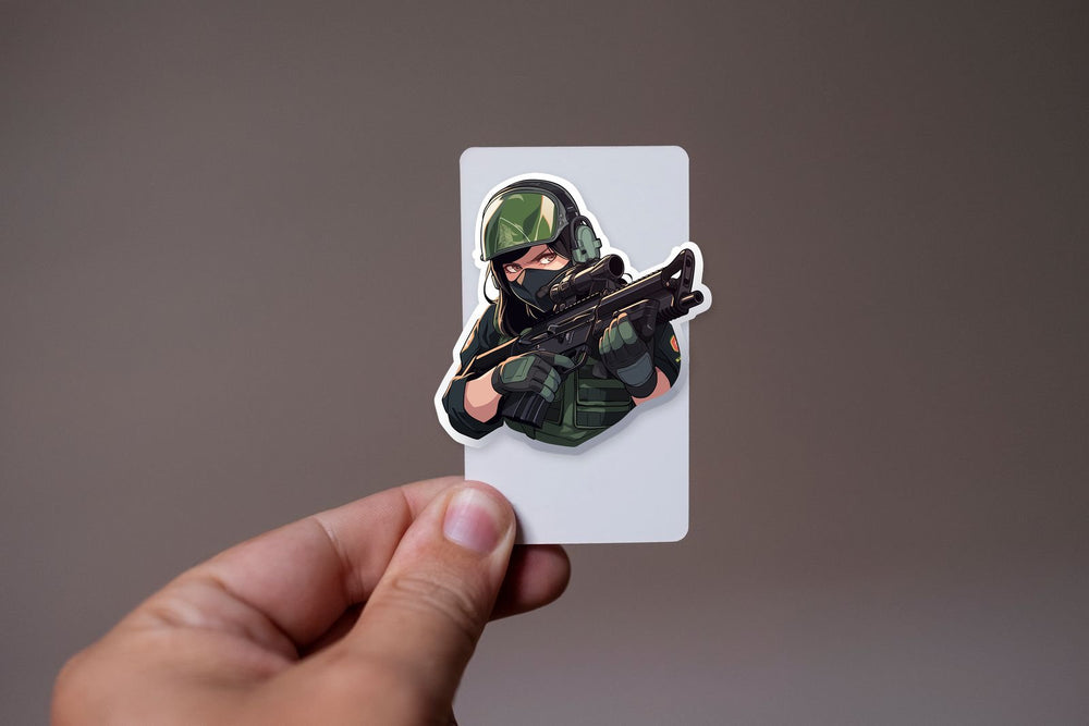 Girl in Combat Readiness with Weapon Sticker