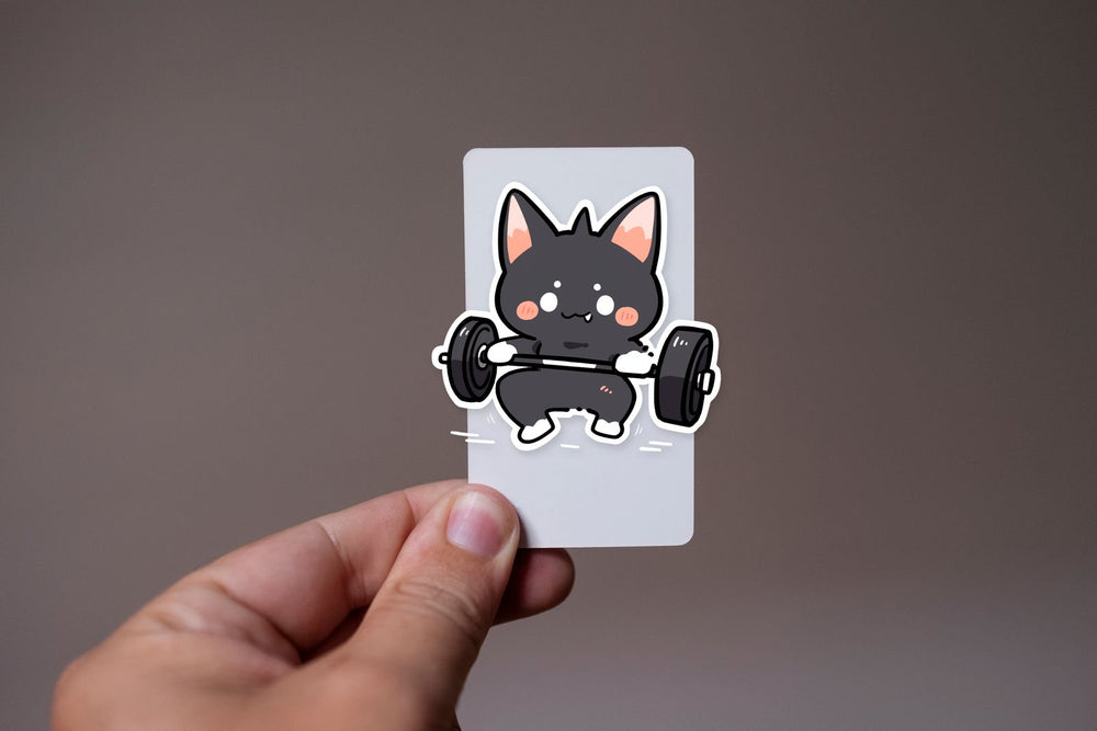 Cute Drawn Black Kitty with Barbell Sticker