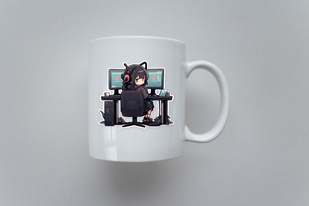 Cute Anime Girl Sitting at Computer Desk Sticker